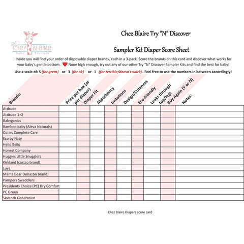 Chez Blaire Try "N" Discover Diaper Scorecard | score | card | diapers | Sampler Kit | Sampler | Samples